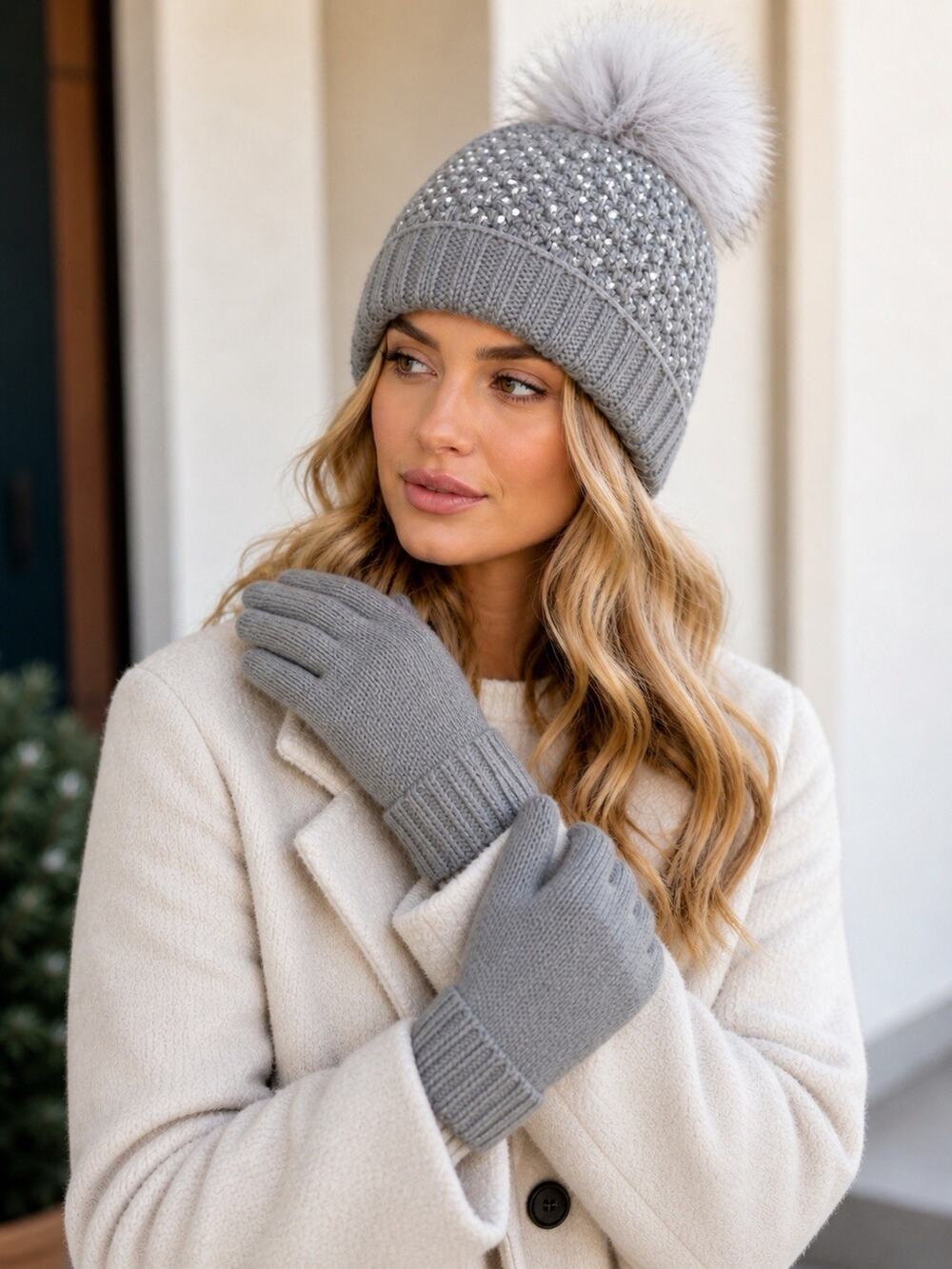 Steve Madden Beanie Hat Gloves Set Gray Rhinestone Pom Pom Cozy Winter NWT Bling